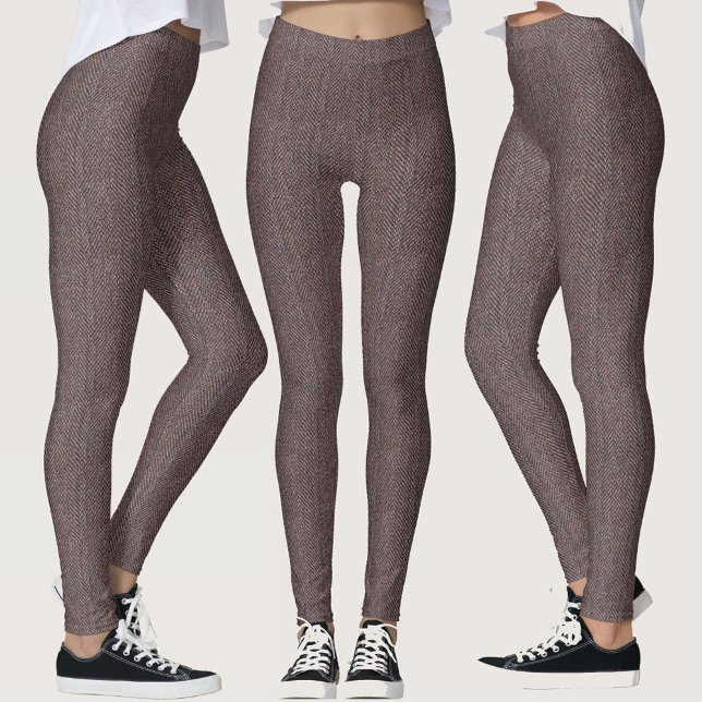 Imitate Brown Herringbone Tweed Muster Stoffe Art Leggings (Faux Brown Herringbone Tweed Pattern Fabric Art Leggings)