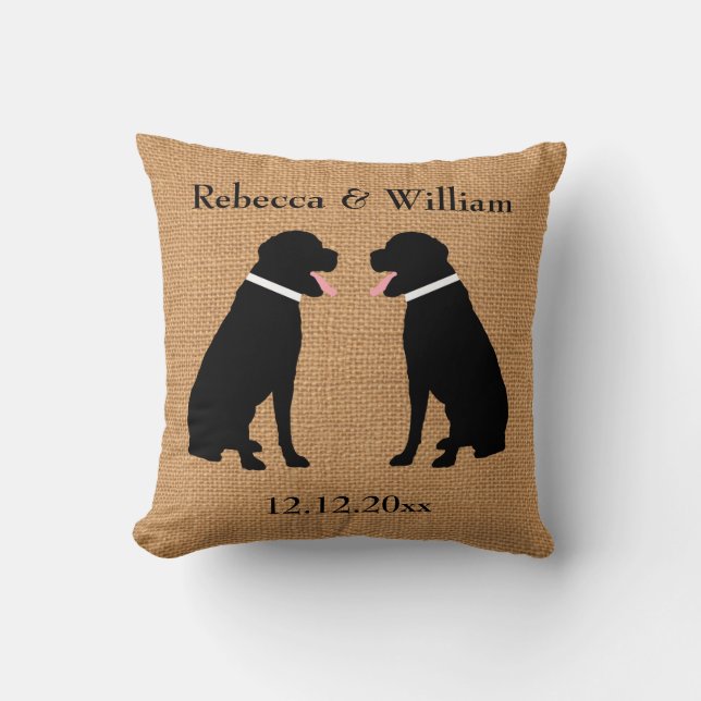 Imitate Burlap 2 Black Labradors Personalisiert Ho Kissen (Vorderseite)