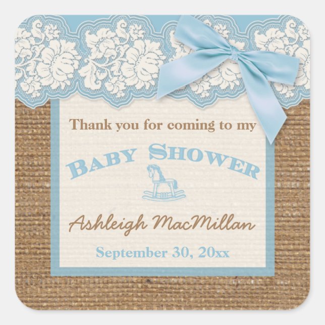 IMITATE Burlap Elfenbeinspitze, Blue Baby Showaufk Quadratischer Aufkleber (Vorderseite)