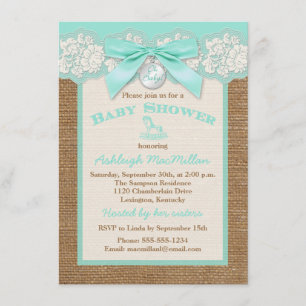 IMITATE Burlap Ivory Lace, Aqua Baby Dusche einlad Einladung