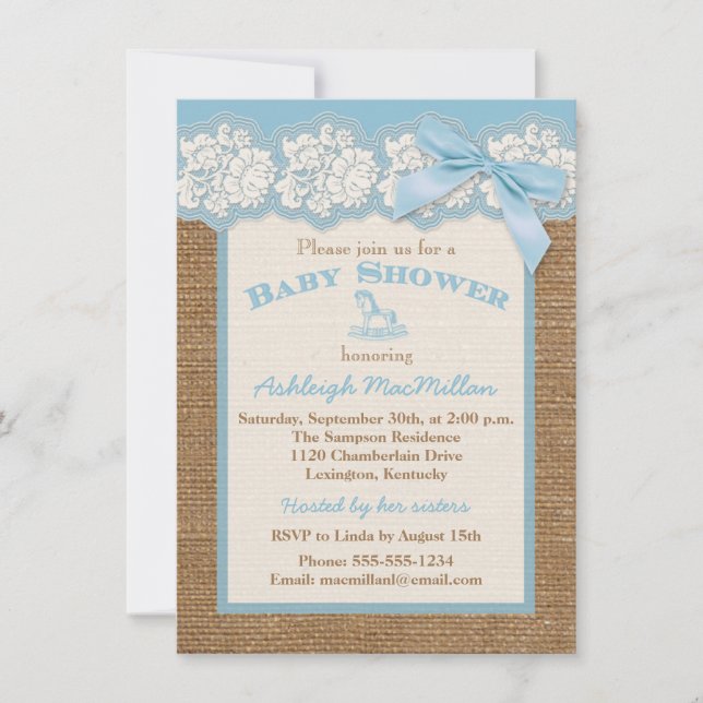 IMITATE Burlap Ivory Lace, Blue Baby Dusche einlad Einladung (Vorderseite)
