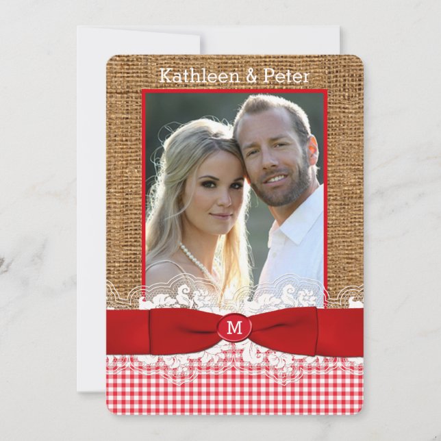 IMITATE Burlap, Lace, Bow FOTO Wedite Invite, Red  Einladung (Vorderseite)