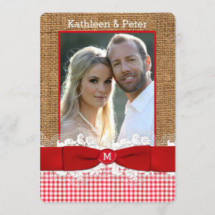 IMITATE Burlap, Lace, Bow FOTO Wedite Invite, Red  Einladung
