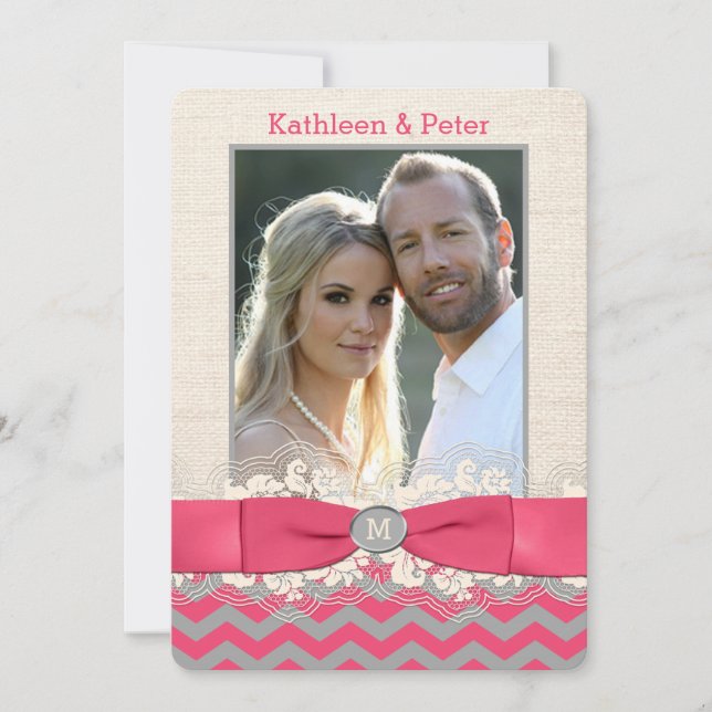 IMITATE Burlap, Lace FOTO Hochzeit Einladung, Zick Einladung (Vorderseite)