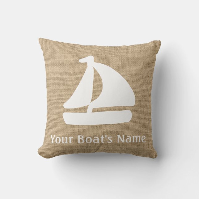 Imitate Burlap Nautical Throw Kissen mit Segelboot (Vorderseite)