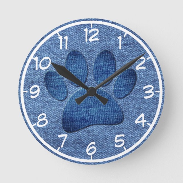 Imitate Denim Jeans Dog Paw Print Runde Wanduhr (Vorderseite)