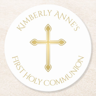 Imitate der ersten Gemeinschaft Kreuz Mit Monogram Runder Pappuntersetzer