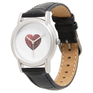 Imitate des dunkelroten Herzens Glitzer Glitzern Armbanduhr