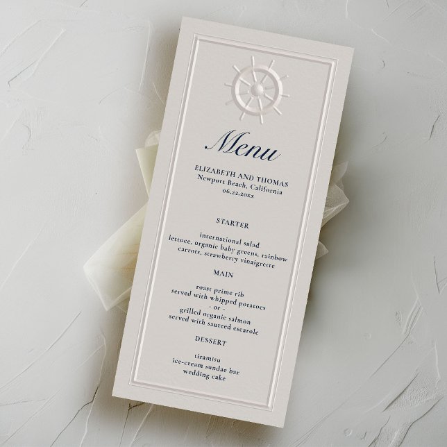 Imitate des Küstenschiffes mit formaler Hochzeit Menükarte (nautical wedding menu card faux embossed boat helm double frame modern classic navy ivory elegant)