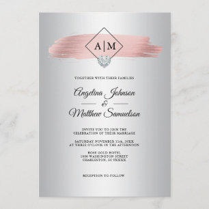 Imitate Dusty Rose Gold Foil Silver Monogram Weddi Einladung