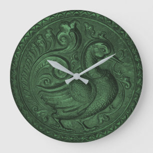 Imitate Embossed Peacock Emerald Green Große Wanduhr