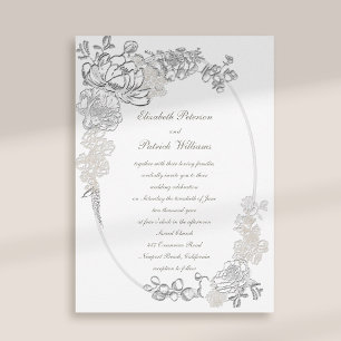 Imitate Embossed Peonies Calligraphy Ivory Wedding Einladung