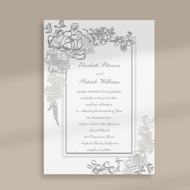 Imitate Embossed Peony Ivory Calligraphy Wedding Einladung (peony wedding invitation floral double frame formal traditional elegant calligraphy ivory classic)