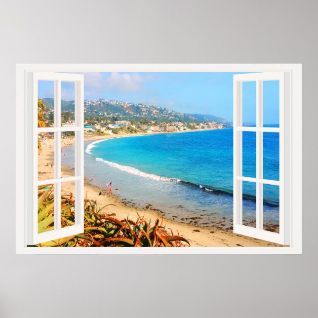Imitate Fenster mit Strand Poster (Vorne)