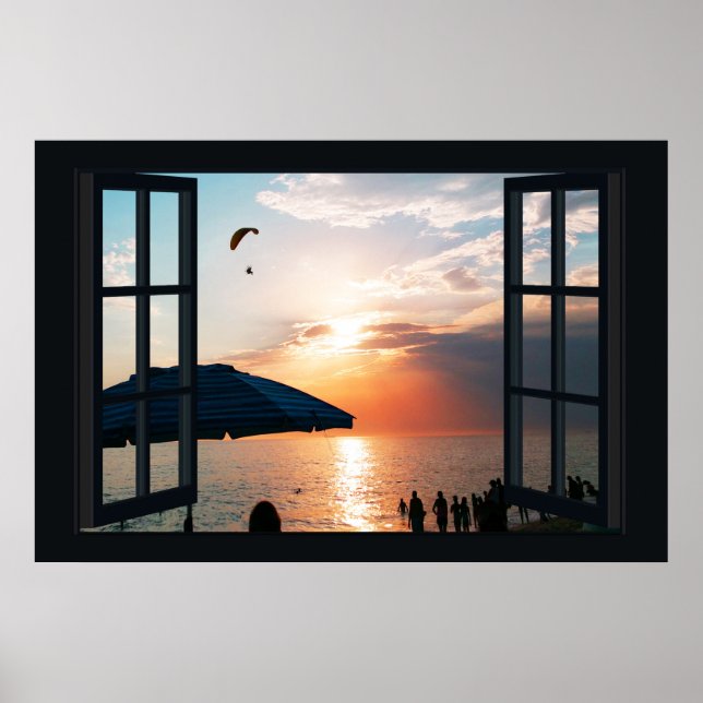 Imitate Fenster mit Strand Sunset Ocean Poster (Vorne)