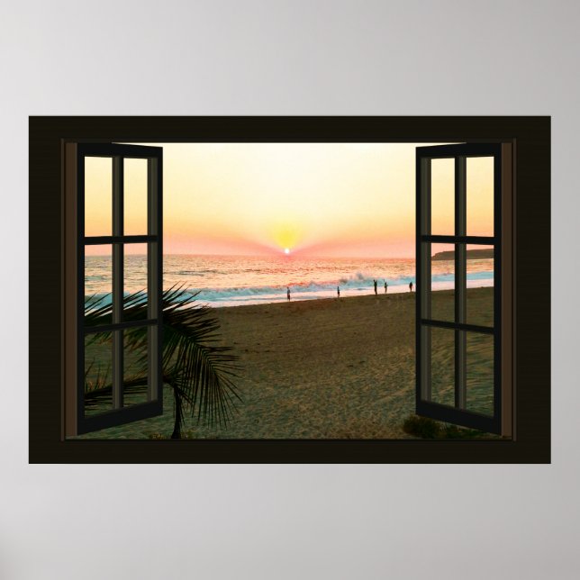 Imitate Fenster mit Strand Sunset Ocean Poster (Vorne)