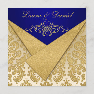 IMITATE FLAPS Blue, Gold Damask Anniversary Einlad Einladung