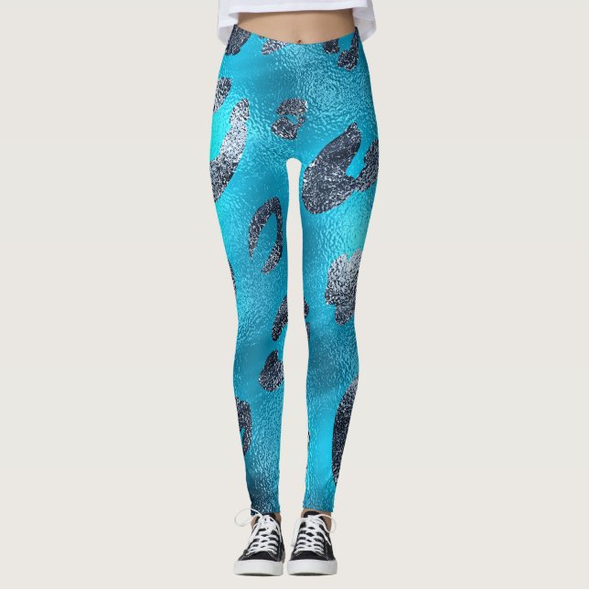 Imitate Foil Shiny Look Silver & Blue Leopard Prin Leggings (Vorderseite)