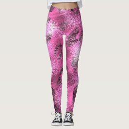 Imitate Foil Shiny Look Silver & Pink Leopard Prin Leggings