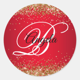 Imitate Funkelnd Gold Glitzer Red Ombre Monogram Runder Aufkleber