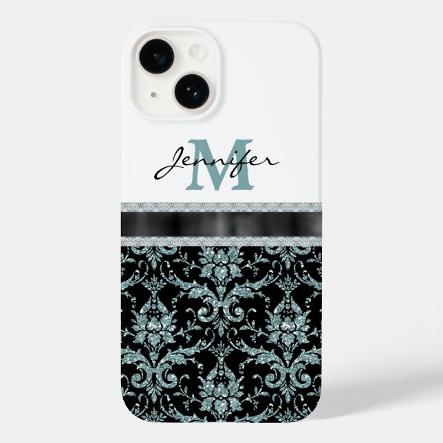 Imitate Glitzer Aqua Damask Monogram Case-Mate iPhone Hülle (Rückseite)