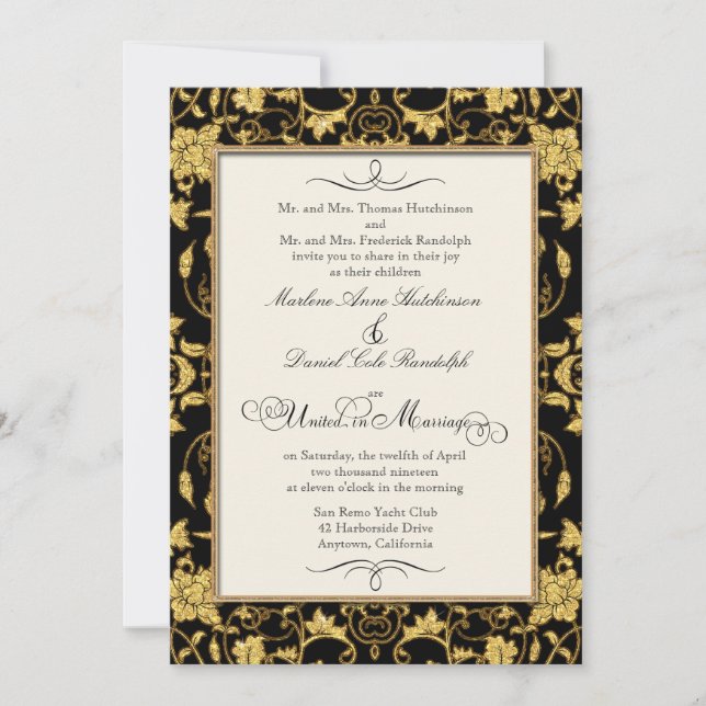 Imitate Glitzer Gold Floral Damask Feierliche Hoch Einladung (Vorderseite)