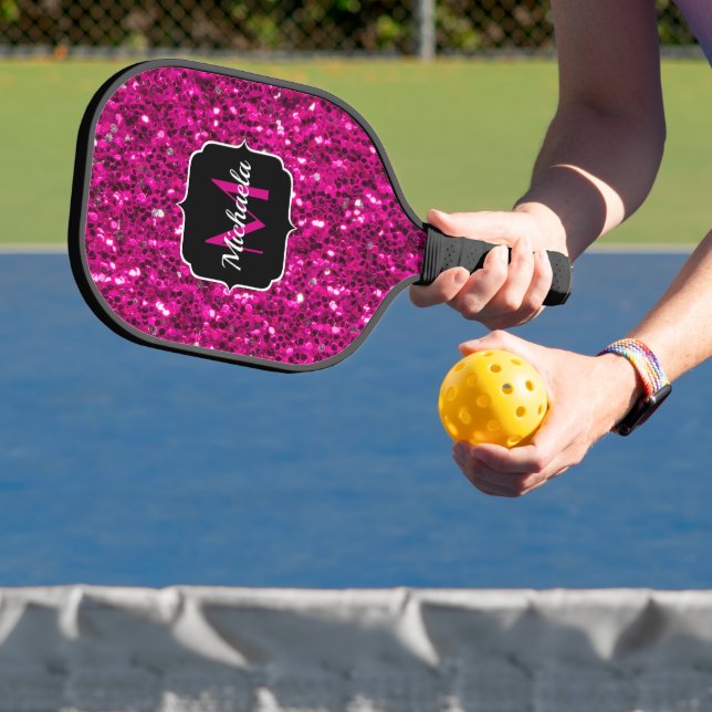 Imitate Glitzer Monogramm, Hot-pink-Glitzern Pickleball Schläger (InSitu)