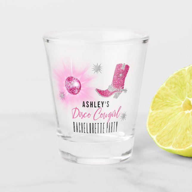 Imitate Glitzer Pink Disco Cowgirl Junggeselinnen- Schnapsglas (Vorderseite)