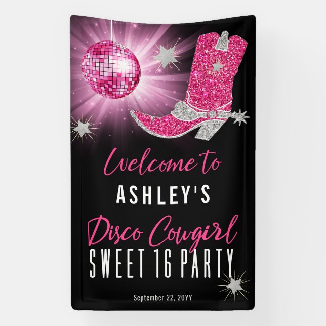 Imitate Glitzer Pink Disco Cowgirl Sweet 16 Party Banner (Vertikal)