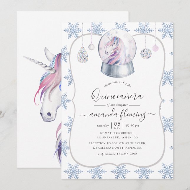 Imitate Glitzer Unicorn Winter Wonderland Quinceañ Einladung (Vorne/Hinten)