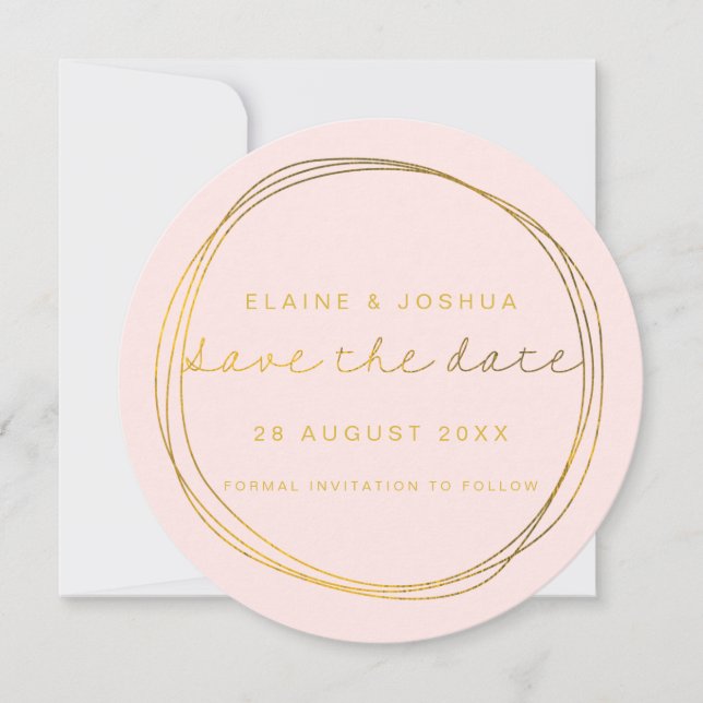 Imitate Gold Abstrakt Scribble Circle Blush & Gold Save The Date (Vorderseite)