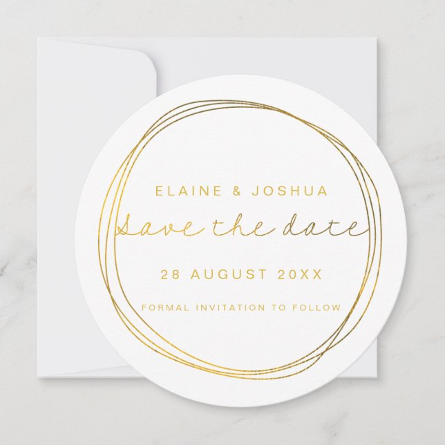 Imitate Gold Abstrakt Scribble Circle White & Gold Save The Date (Vorderseite)