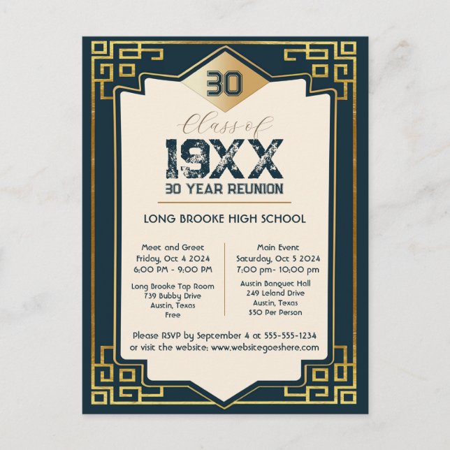 Imitate Gold Art Deco 30 Jahre High School Wieders Postkarte (Vorderseite)