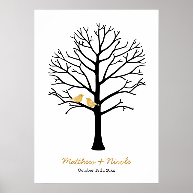 Imitate Gold Birds Black Fingerprint Tree Hochzeit Poster (Vorne)