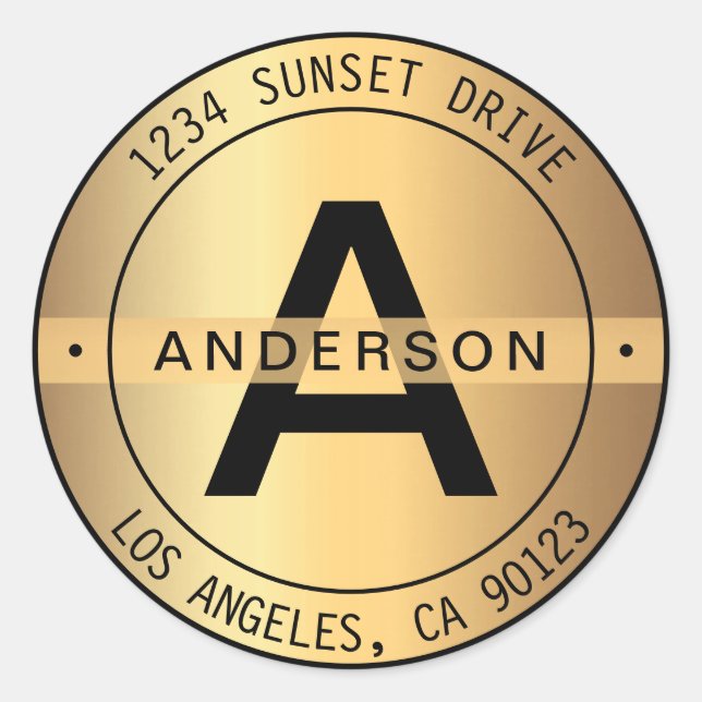 IMITATE Gold & Black Bold Monogramm & Circle Addre Runder Aufkleber (Vorderseite)