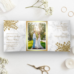Imitate Gold Blätter Blumenweiße Marmorhochzeit Dreifach Gefaltete Einladung