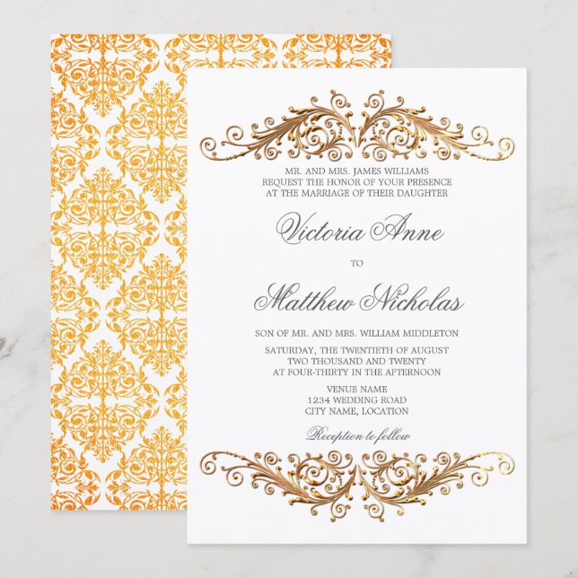 Imitate Gold Blüh Damask Einladung (Vorne/Hinten)