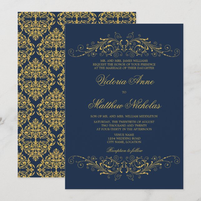 Imitate Gold Blühte Damask Navy Blue Einladung (Vorne/Hinten)