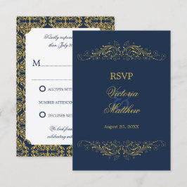 Imitate Gold Blühte Damask Navy Blue UAWG Einladung
