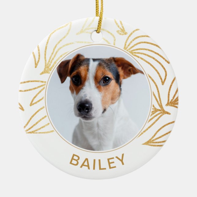 Imitate Gold Botanischer Hund Foto und Name Weihna Keramik Ornament (Vorne)