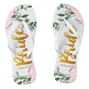 Imitate Gold Bride Script Chic Floral mit Namen Flip Flops