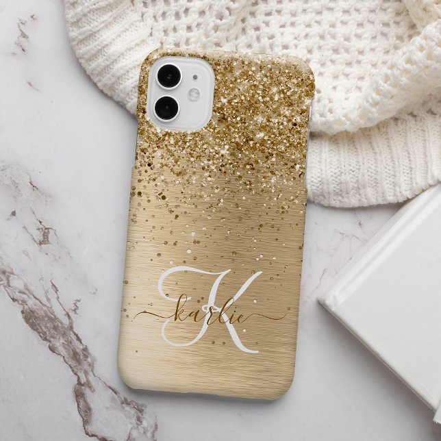 Imitate Gold Brushed Metal Glitzer Monogram Name iPhone Hülle (Von Creator hochgeladen)