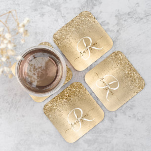 Imitate Gold Brushmetall Glitzer Print Monogram Na Rechteckiger Pappuntersetzer