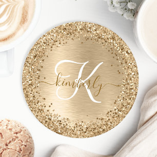 Imitate Gold Brushmetall Glitzer Print Monogram Na Runder Pappuntersetzer