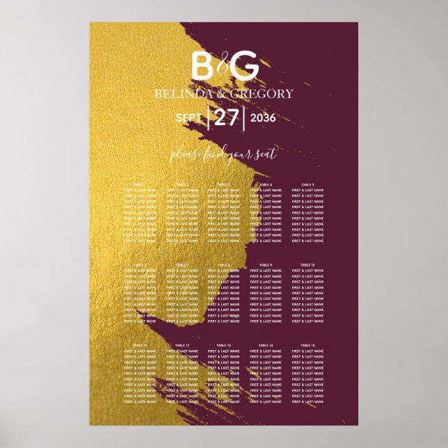 Imitate Gold Burgundy, Mongram Seating Chart Poster (Vorne)