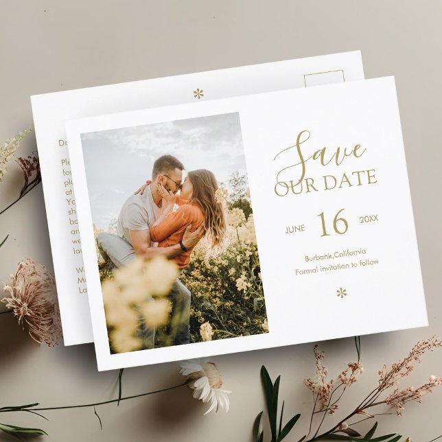 Imitate Gold | Chic Minimal Save the Date Foto Postkarte (Von Creator hochgeladen)