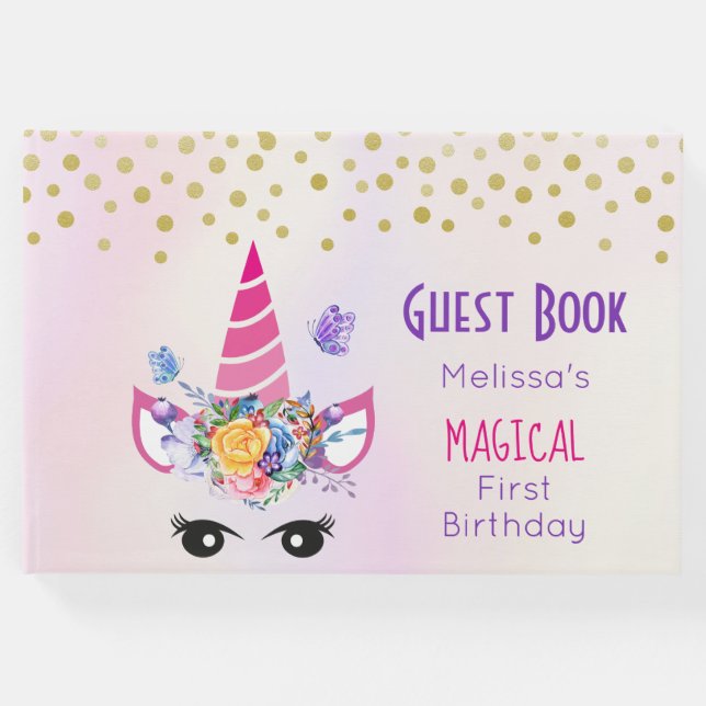 Imitate Gold Confetti auf Lila Wasserfarbenhochzei Gästebuch (Vorderseite)