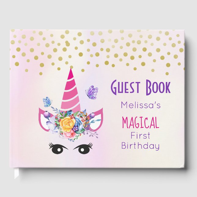 Imitate Gold Confetti auf Lila Wasserfarbenhochzei Gästebuch (Vorderseite)