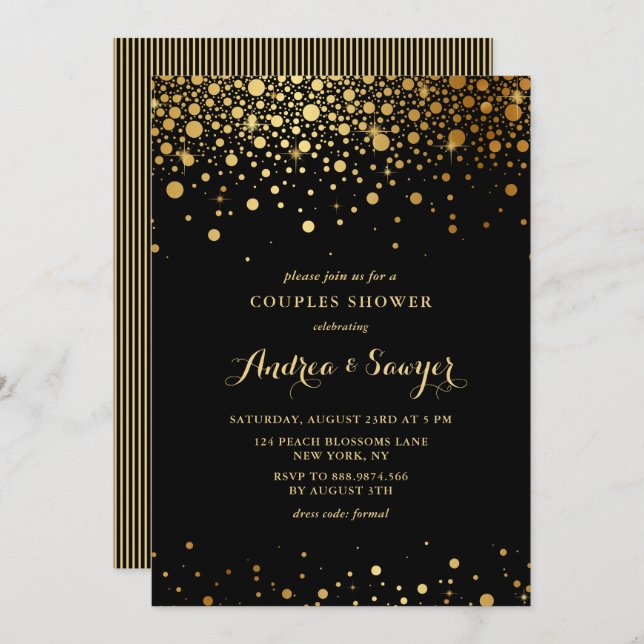 Imitate Gold Confetti Dots Black Couples Dusche Einladung (Vorne/Hinten)