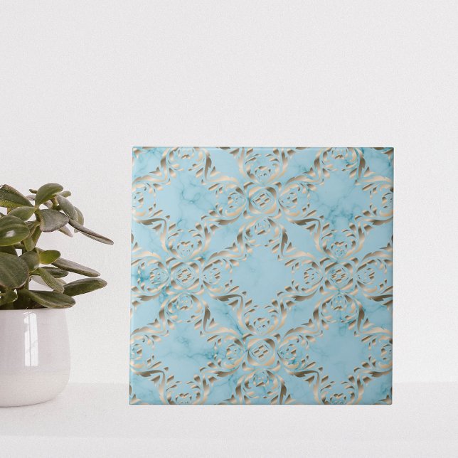 Imitate Gold Damask Muster auf einem hellblauen Ma Fliese (Von Creator hochgeladen)